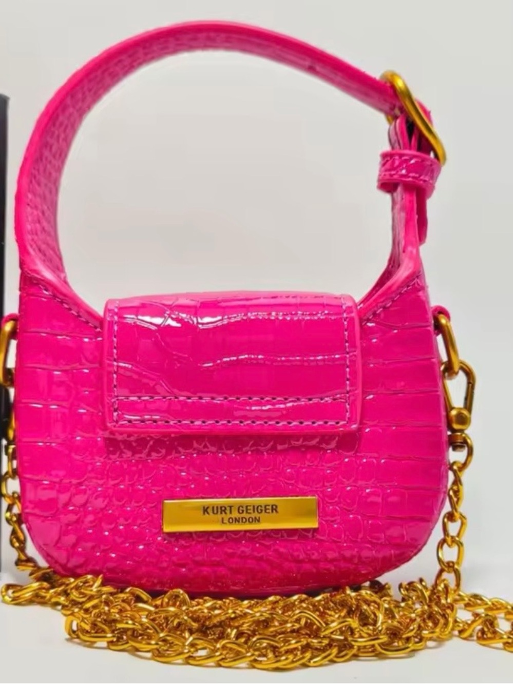 Hot Pink Croc-Embossed Mini Shoulder Bag with Gold Chain 5.5inch by 4inch - Picture 2 of 11